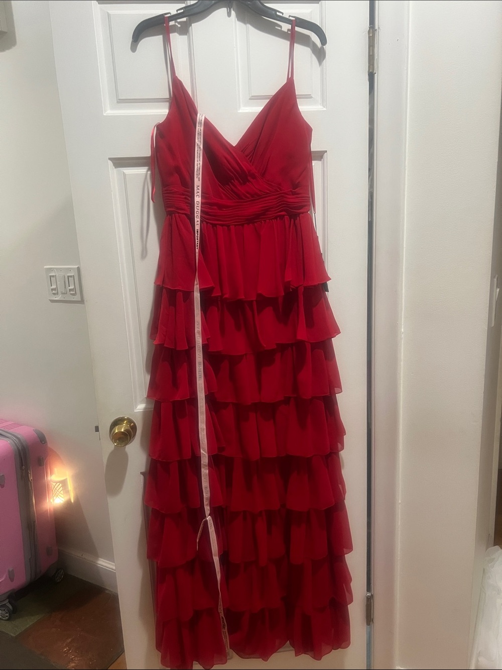 Red Tiered Ruffle Maxi Dress with V-Neck and Spaghetti Straps